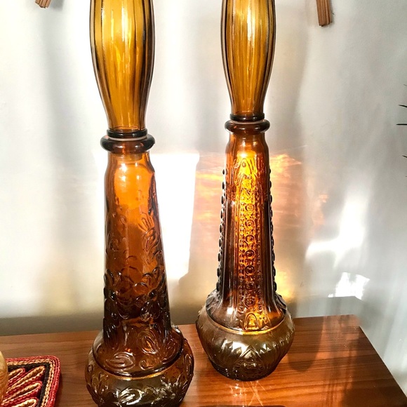 Set of 2 Vintage MCM Art Dabs Amber Genie Bottles/Decanters, Made in Portugal - Picture 11 of 13